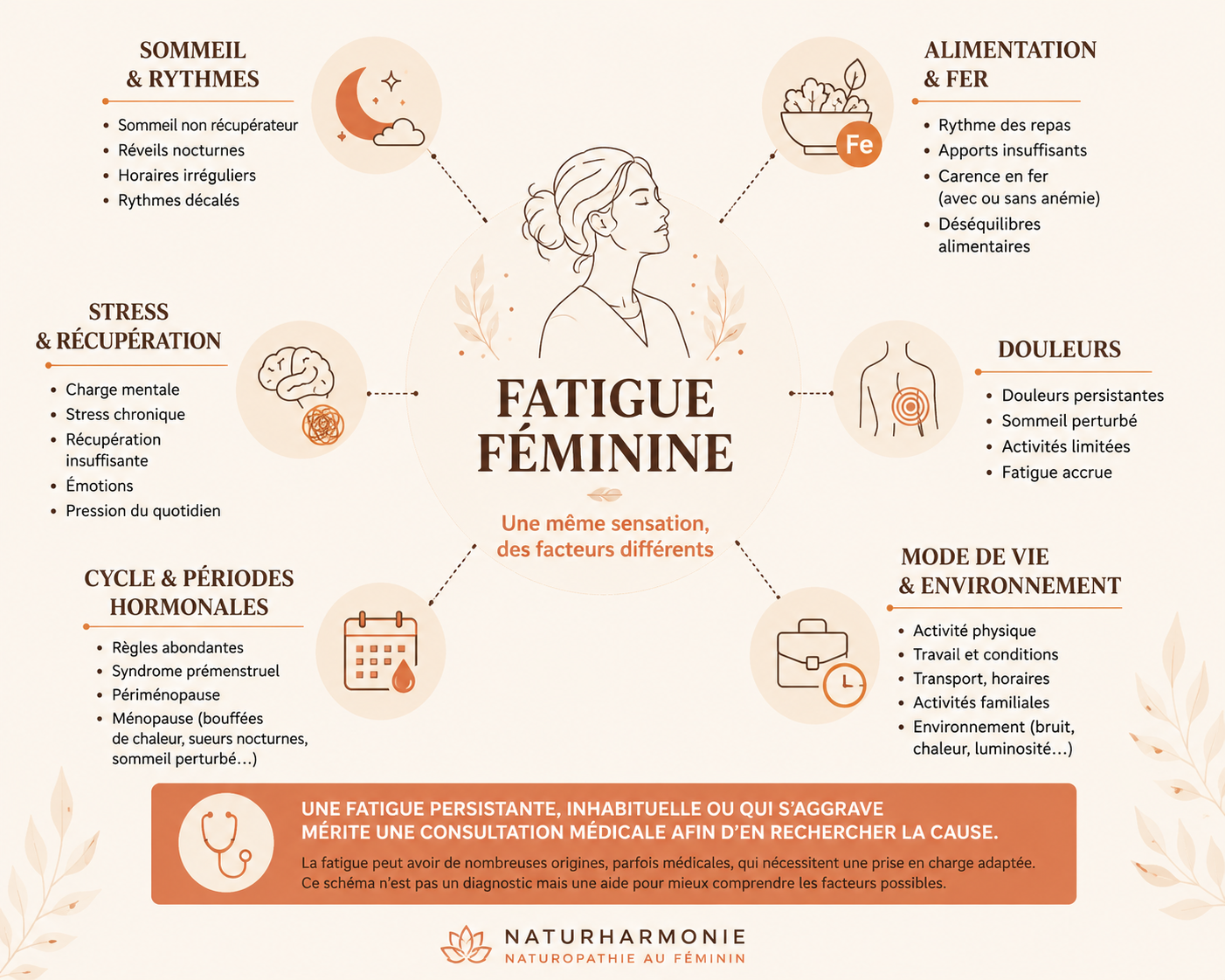 Fatigue féminine : les différents facteurs à considérer Infographie sur les principaux facteurs pouvant contribuer à la fatigue féminine