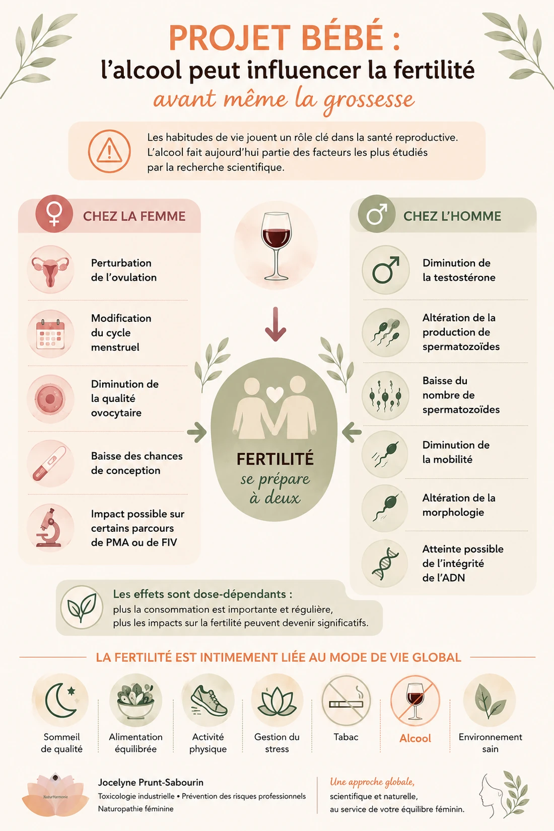 Infographie sur les effets possibles de l’alcool sur la fertilité féminine et masculine