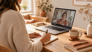 Femme prenant des notes pendant une consultation en visioconférence